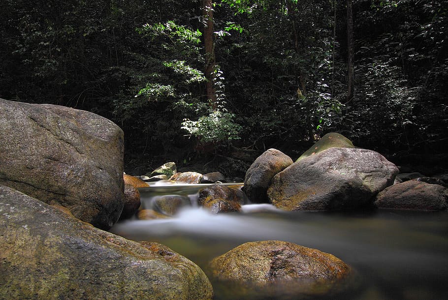 Time Lapse Photo of Mini Waterfalls, boulder, daylight, landscape HD wallpaper