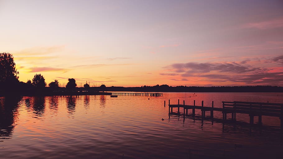 Silhouette Photography of Dock, beach, bridge, clouds, dawn, evening HD wallpaper