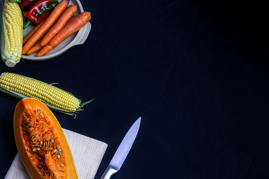 Corn and pumpkin, board, carrot, carrots, chopping, chopping board HD wallpaper
