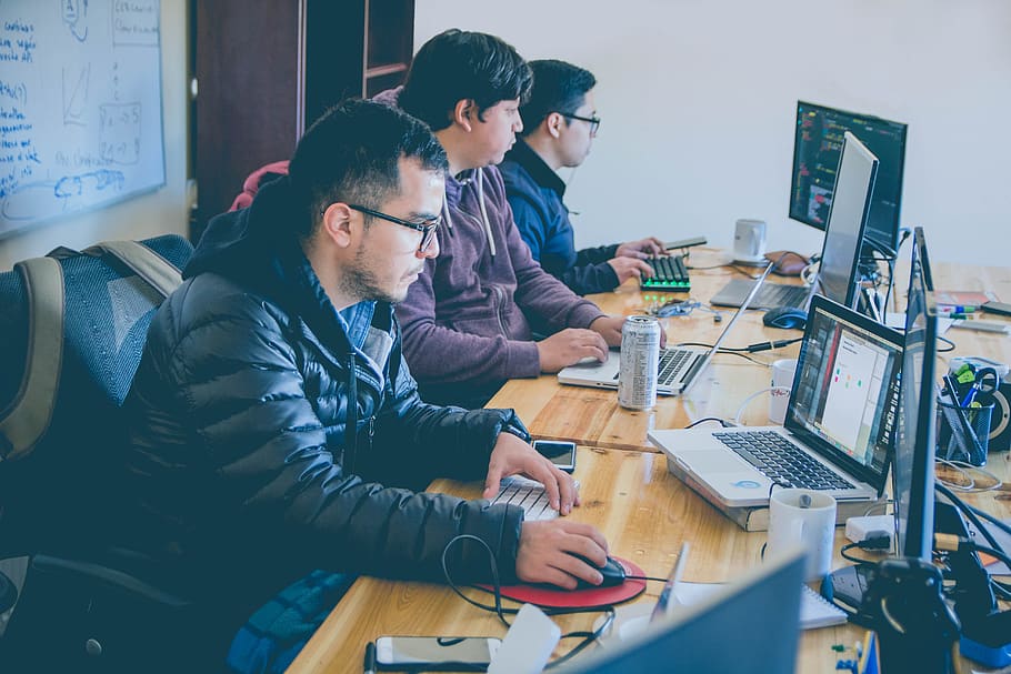 three men facing computer monitors, table, sitting, communication HD wallpaper