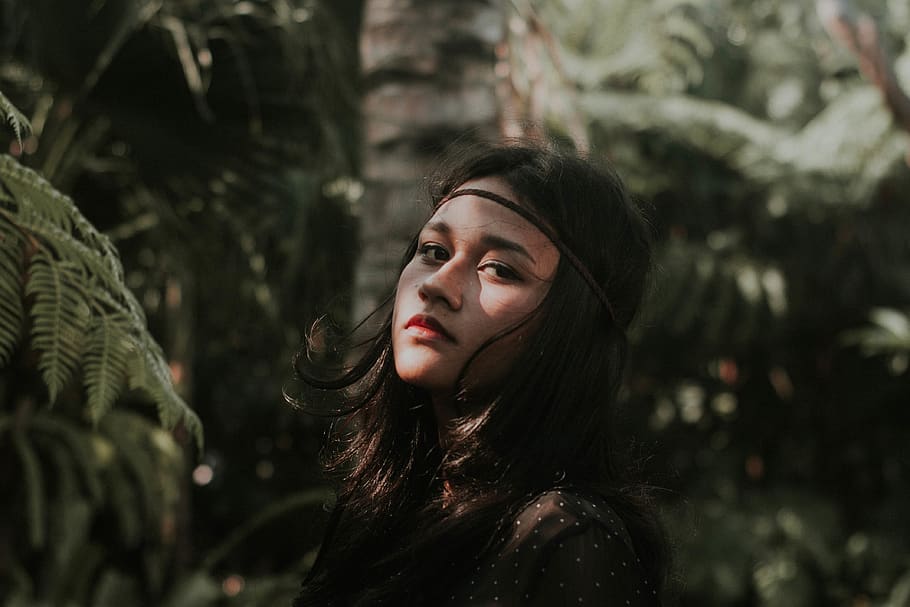 woman standing surrounded by trees, one person, portrait, hair HD wallpaper