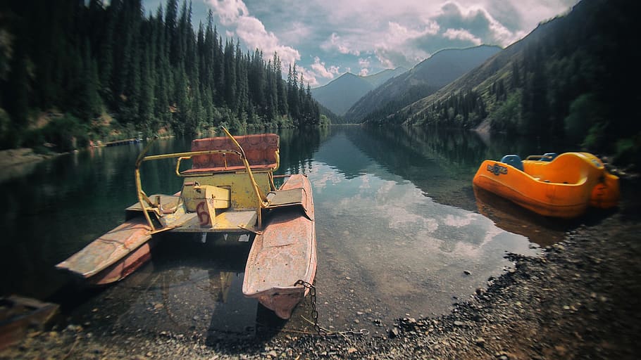 kazakhstan, kolsai lake, forest, water bicycle, retro, fisheye