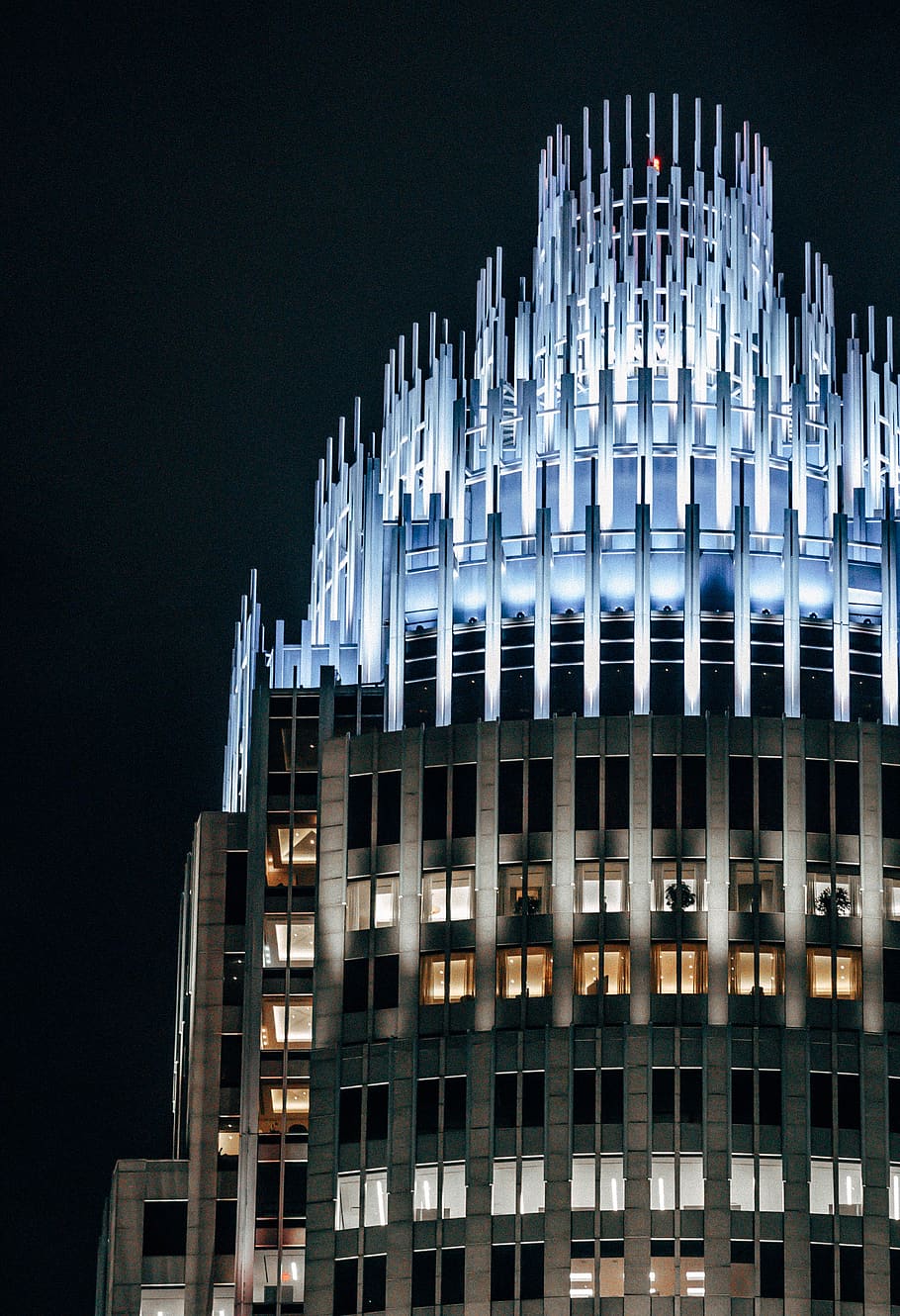 lighted curtain building at night, architecture, spire, steeple HD wallpaper