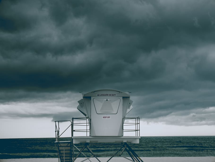 lifeguard, beach, storm, clouds, ocean, waves, sunset, cloud - sky HD wallpaper
