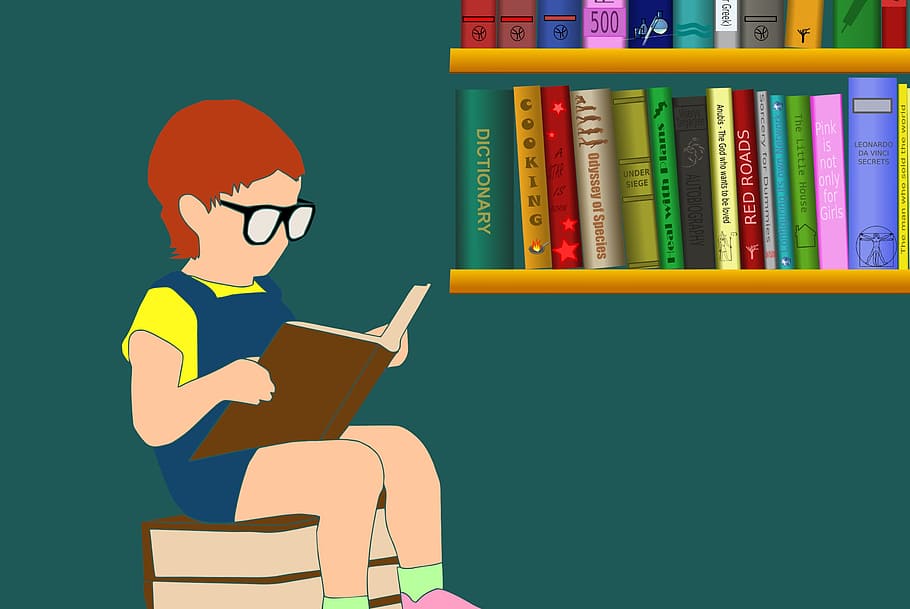 Illustration of child sitting and reading a book with bookshelf
