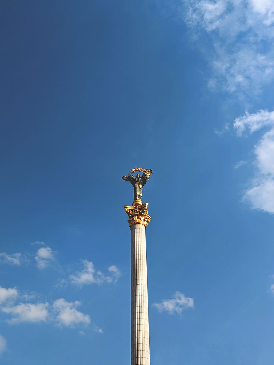 white tower, sky, low angle view, blue, sculpture, day, architecture HD wallpaper