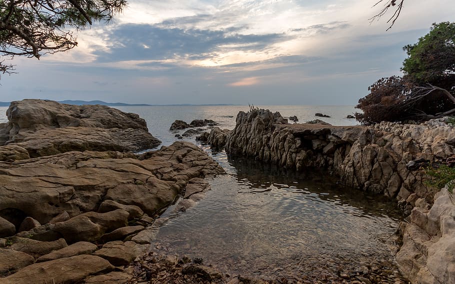 croatia, zadar, sky, water, cloud - sky, rock, sea, rock - object HD wallpaper