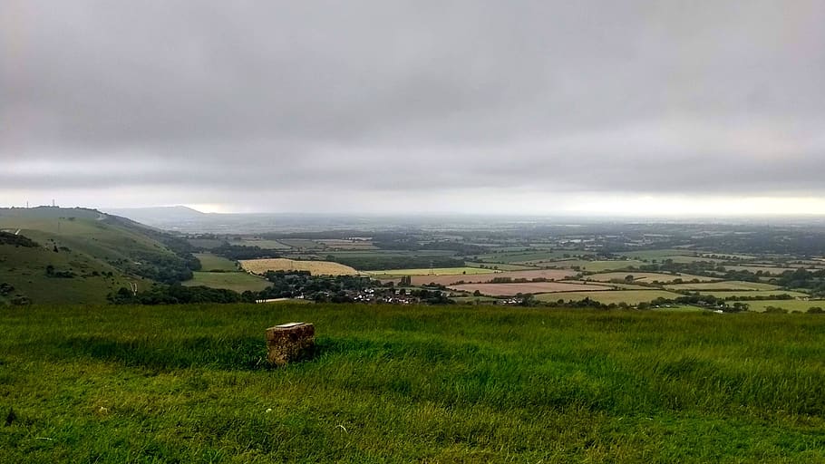 hills, valley, fields, grey, sky, clouds, overcast, stone, bench HD wallpaper