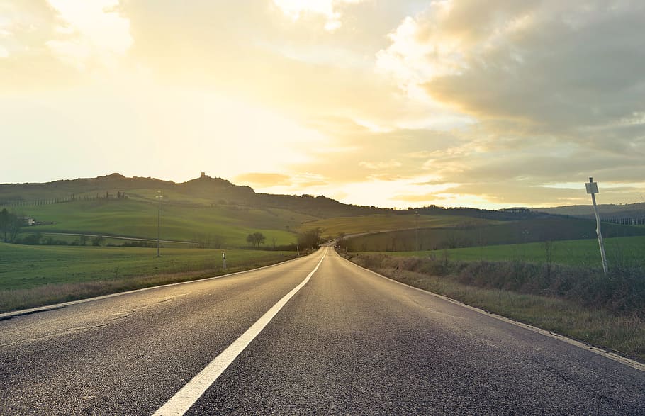 View Of empty asphalt road in the village in Tuscany,Italy, clouds HD wallpaper