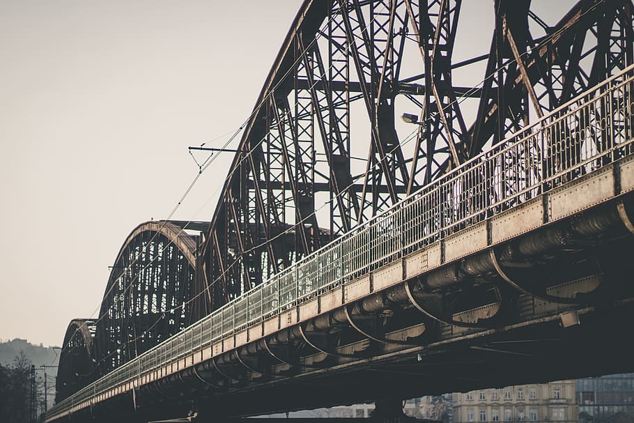 bridge, railway, trolley, river, train, transport, travel, city HD wallpaper