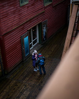 two person inside building, human, wood, flooring, backpack, bag HD wallpaper