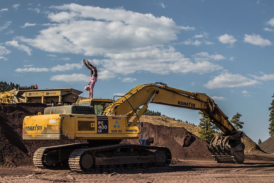 Yellow Excavator, bulldozer, clouds, colors, daytime, equipment HD wallpaper