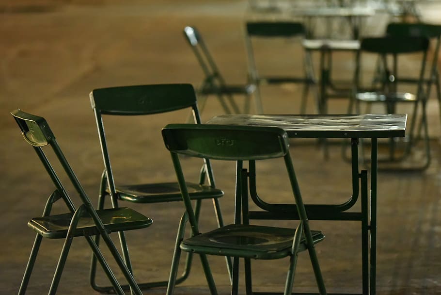 chairs, table, green, night, empty, nobody, alone, lonely, party HD wallpaper