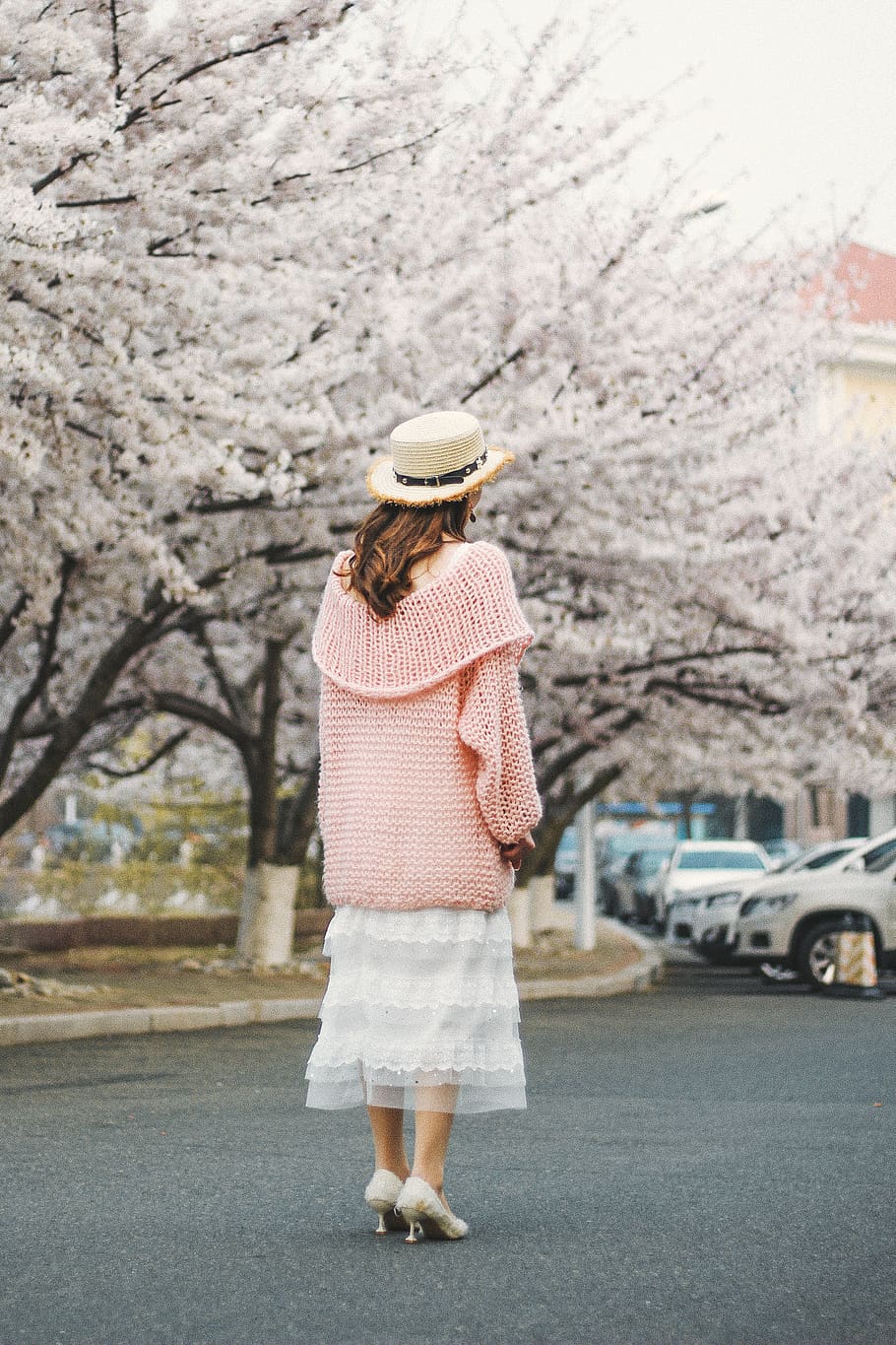 Standing Woman Wearing Pink Jacket and White Dress, attractive, HD wallpaper