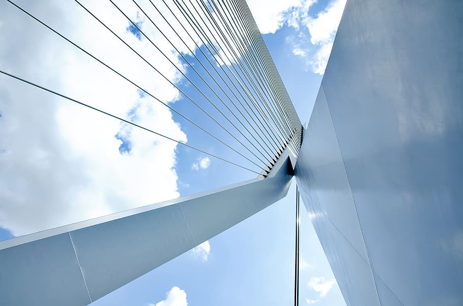 Low-angle Cable Bridge, architectural design, architecture, blue sky HD wallpaper