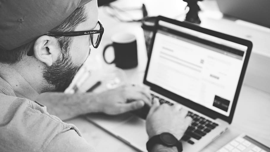 working, macbook pro, glasses, desk, typing, office, business HD wallpaper