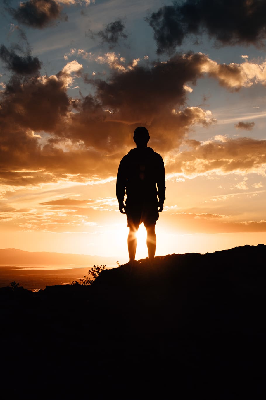man standing on mountain during sunset, human, person, people