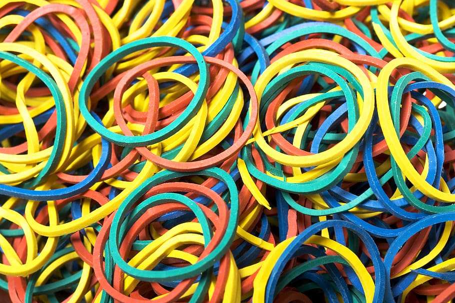 heap, loop, object, office, pile, round, rubber, stretching HD wallpaper
