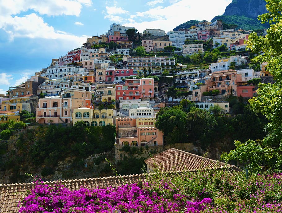 Concrete Houses Near the Mountain, architecture, clouds, daylight HD wallpaper