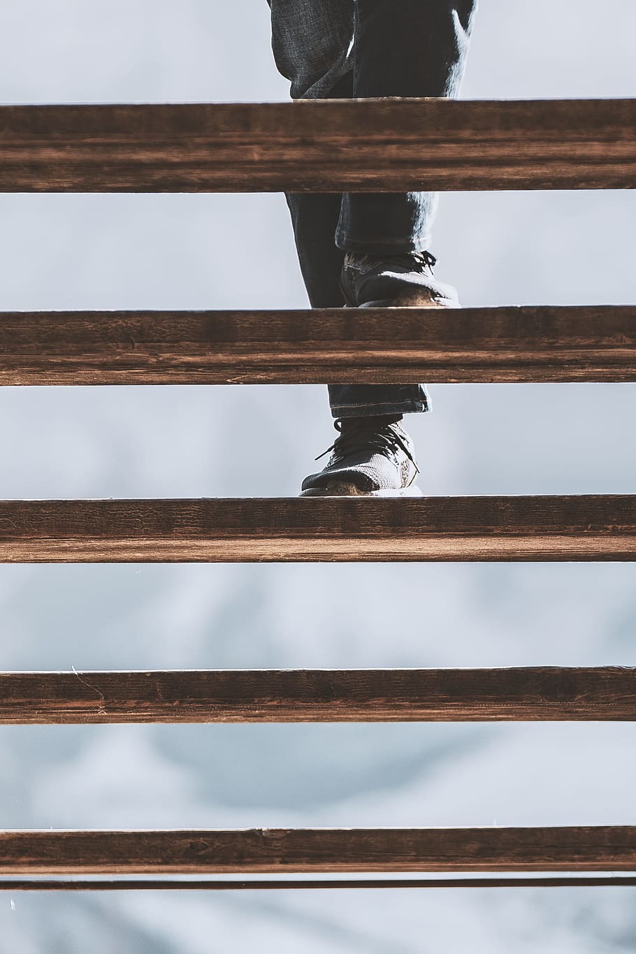person stepping on wooden stair, walk, up, low section, human leg HD wallpaper
