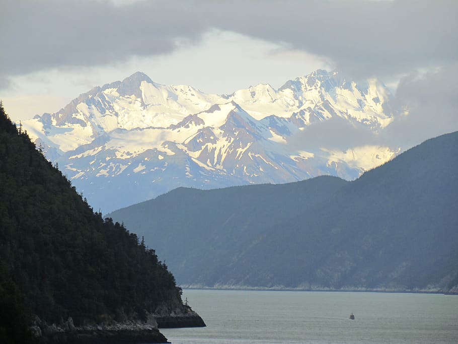 cruise, alaska, mountain, snow, mountain range, passage, forest