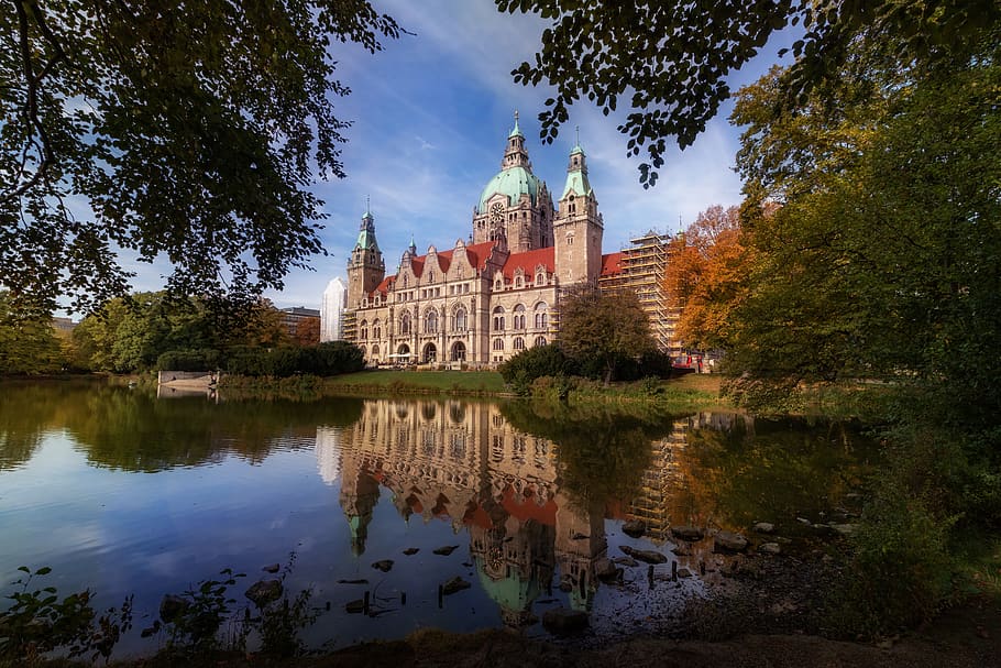 new town hall, hanover, water, lower saxony, wilhelmi table, HD wallpaper