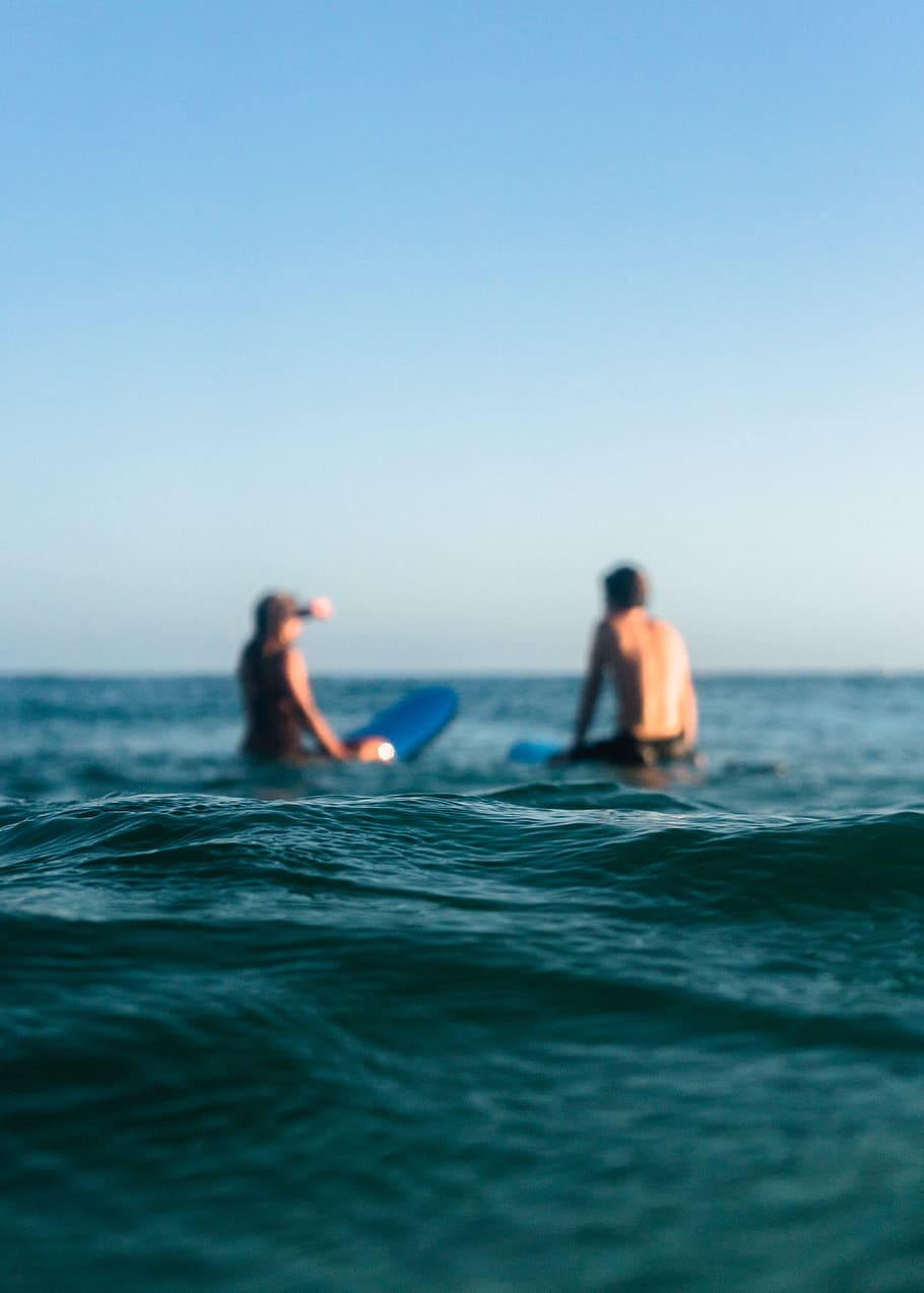 Two Person Riding Blue Bodyboard, beach, body of water, couple, HD wallpaper