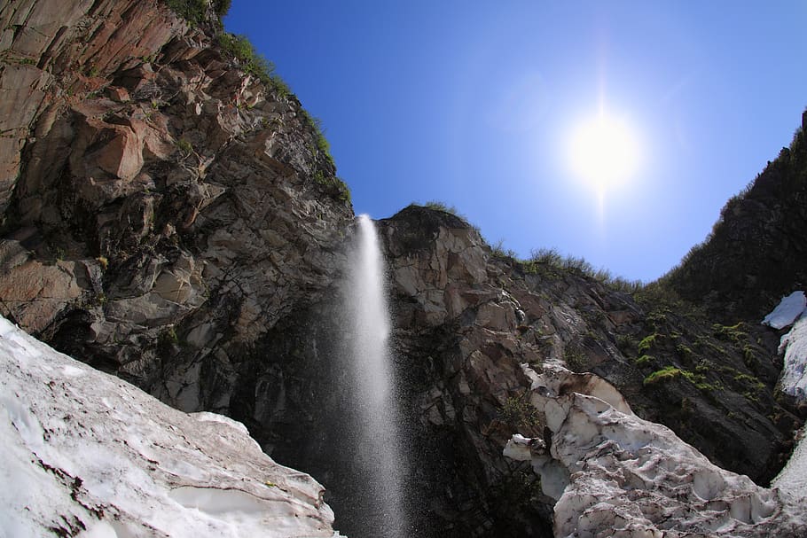 nature, mountain, stone, outdoors, waterfall, snow, landscape HD wallpaper