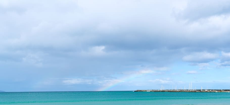 australia, apollo bay, rainbow, sea, cloud - sky, water, horizon HD wallpaper