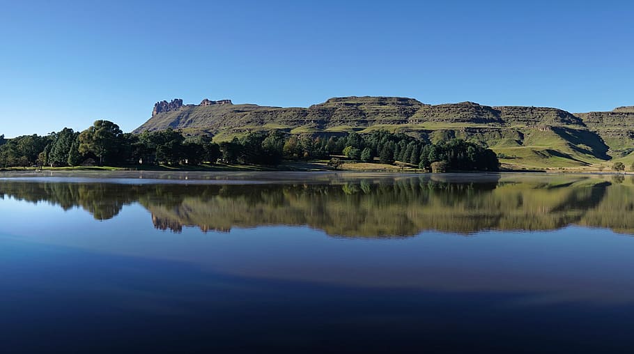 africa, mist, mirror, tree, stratum, rock, hill, reflection HD wallpaper