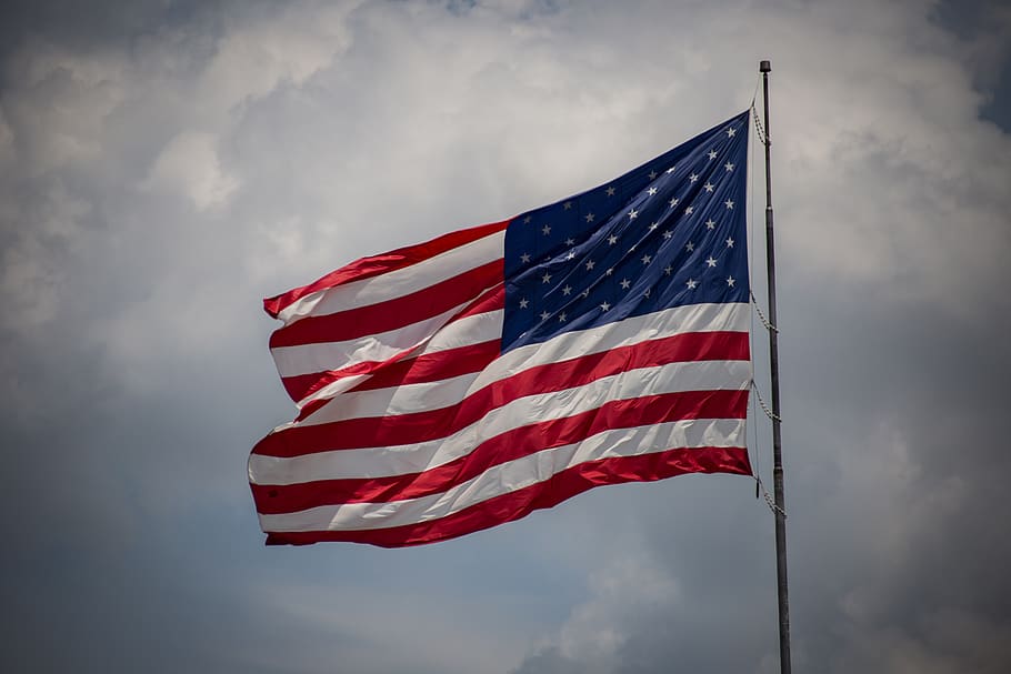 flag, USA, sky, clouds, pole, united states, america, stars and stripes HD wallpaper