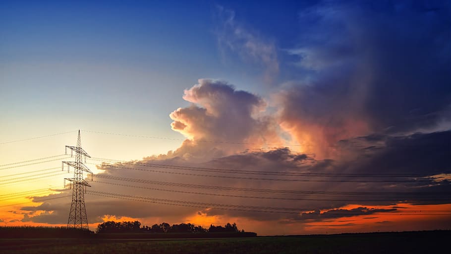 sunset, sky, clouds, strommast, dusk, mood, contrast, nature HD wallpaper
