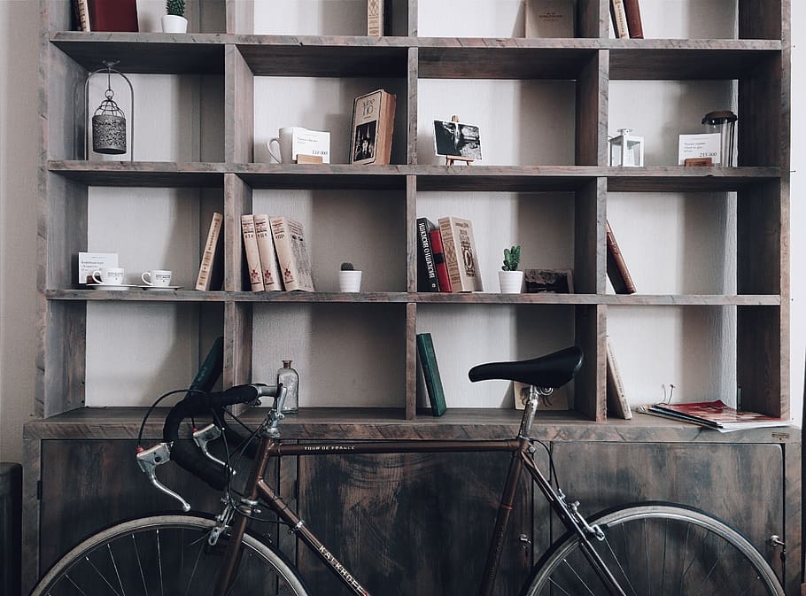 bicycle leaning on shelf, no people, large group of objects, transportation HD wallpaper