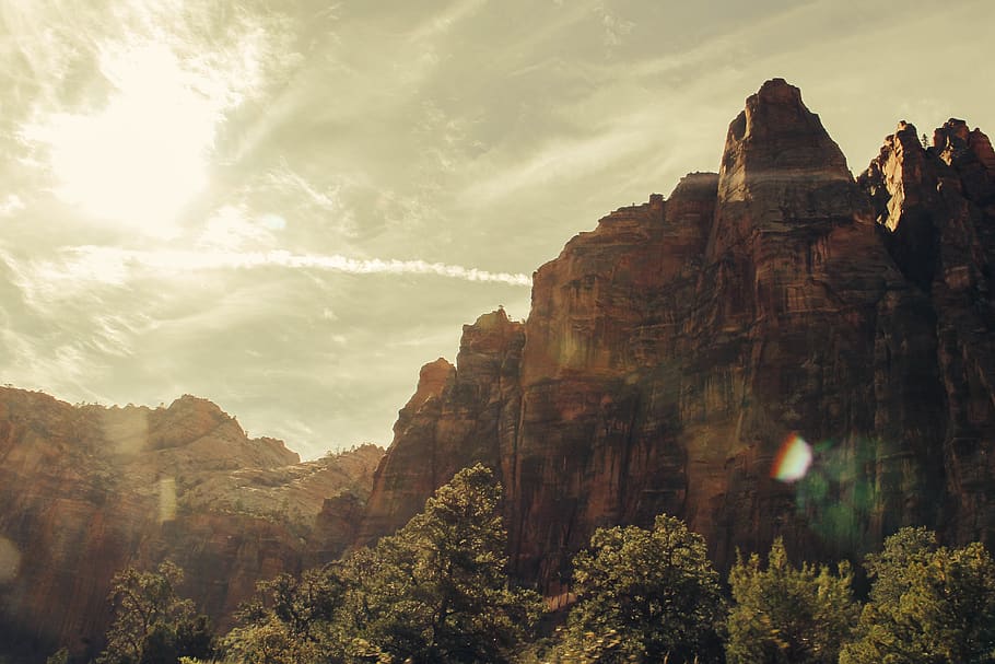 zion, mountain, red, rock, forest, nature, trees, rocks, sky HD wallpaper