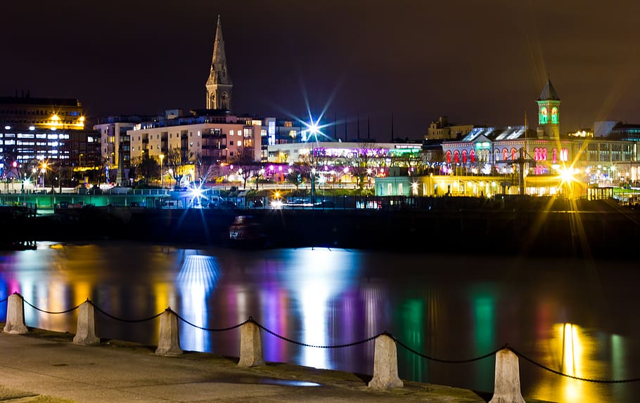ireland, dublin, dún laoghaire, city, sea, night, illuminated, HD wallpaper