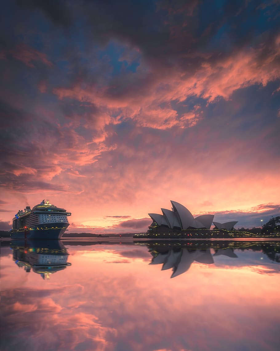 Sydney Opera House, Australia, dawn, reflection, ship, sunrise, HD wallpaper