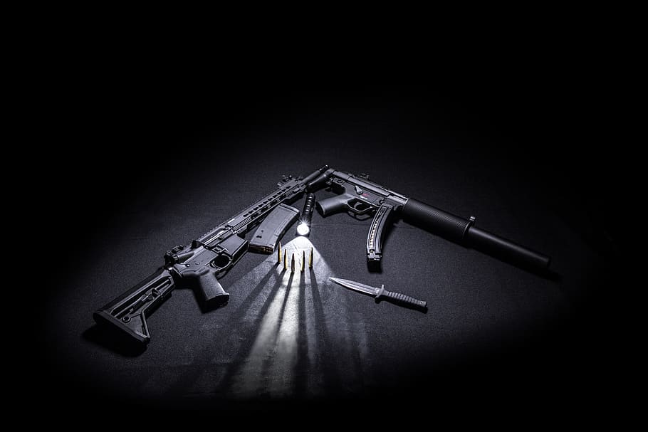 Two Black Assault Rifles Besides Tactical Knife, Bullets, and Torch., HD wallpaper