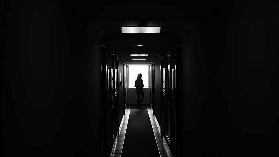 Person Standing on Dark Hallway, architecture, black and white, HD wallpaper