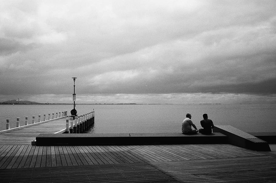 brown dock, human, person, water, building, boardwalk, bridge HD wallpaper