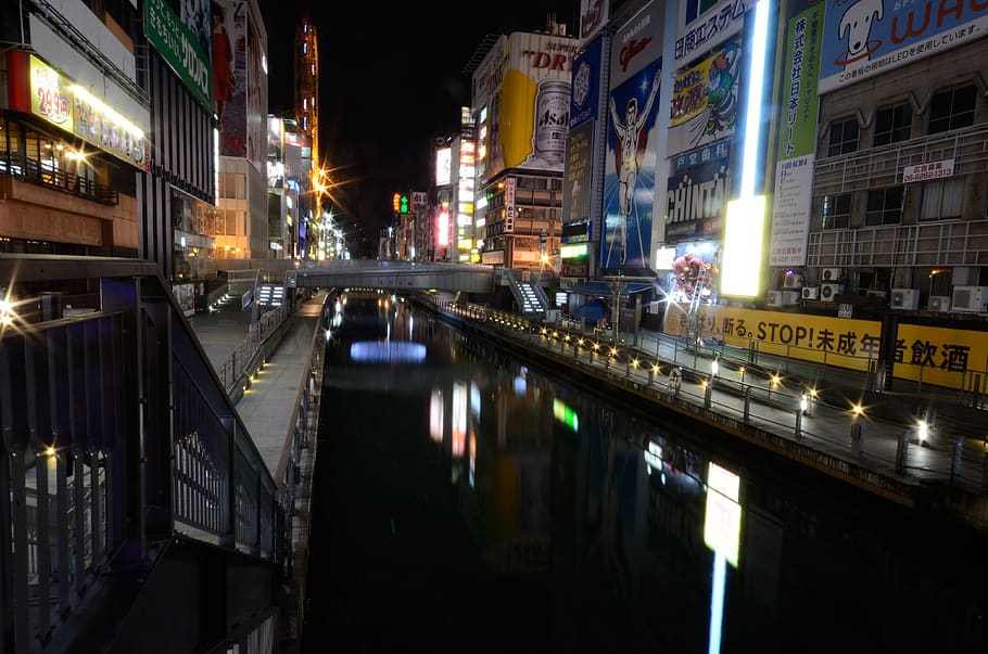 japan, osaka, night, architecture, illuminated, built structure HD wallpaper