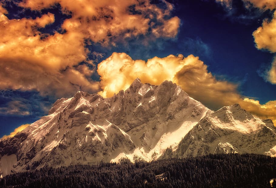 clouds, mountain, snow, dramatic, landscape, sky, sun, rays HD wallpaper