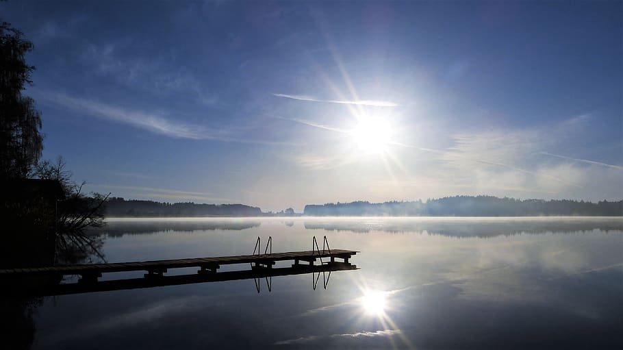 web, twilight, lake, sun, sunbeam, fog, rest, water, landscape HD wallpaper