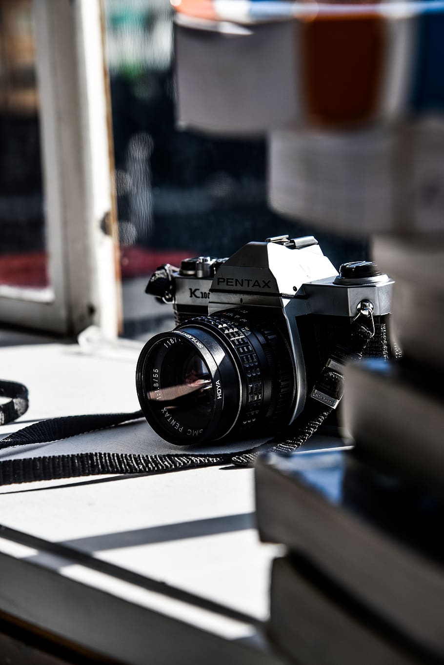 black Pentax camera on opened window, technology, photography themes HD wallpaper