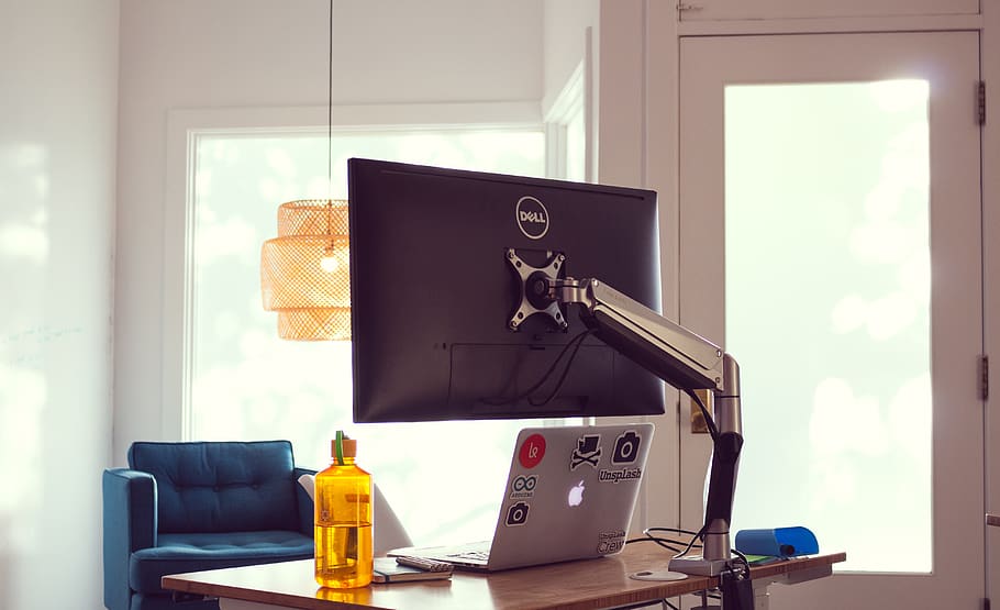 Dell monitor mounted on table, bottle, walla walla, k3, united states, HD wallpaper