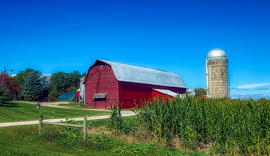 vermont, corn, cornfield, landscape, scenic, farm, barn, silo HD wallpaper