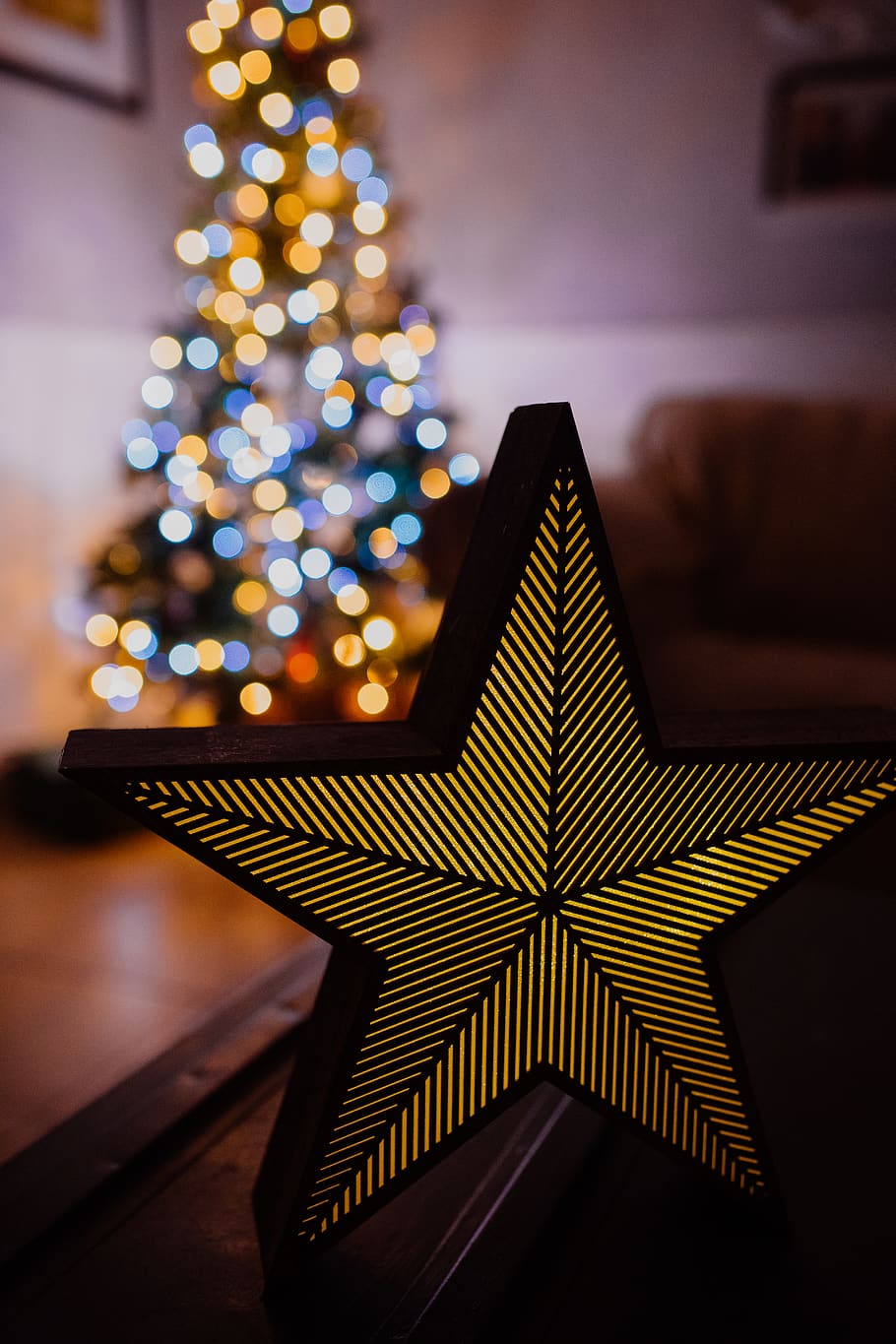 gold and black star near lit Christmas tree, symbol, star symbol