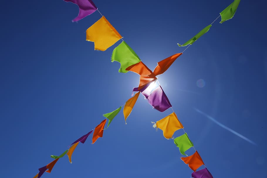 assorted-color buntings, multi colored, sky, blue, low angle view HD wallpaper