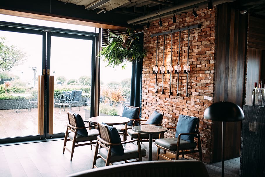 Round Brown Wooden Table With Chairs, architecture, brick wall HD wallpaper