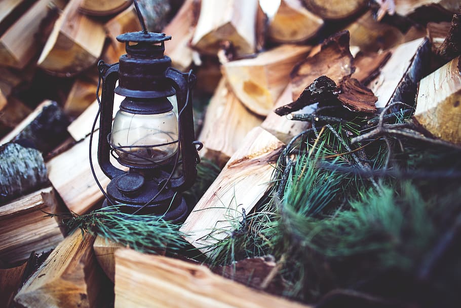 Kerosene lamp on the wood, bottle, brown, candle, dark, drink HD wallpaper
