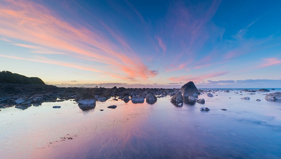 Gray Rock Formation Beside Body of Water, beach, beautiful, blue HD wallpaper
